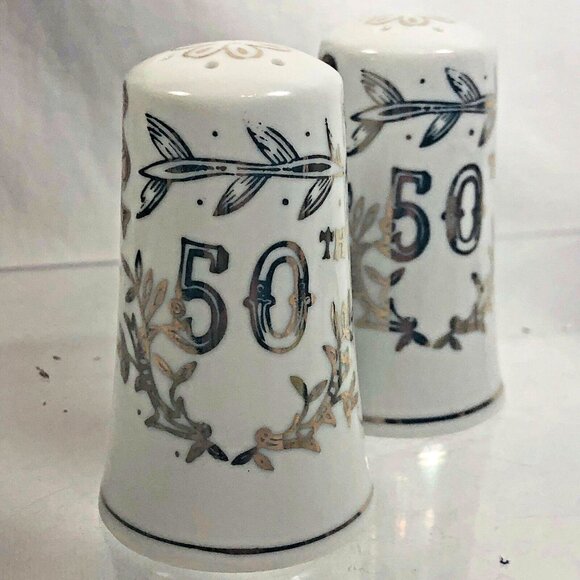 Vintage Lefton 50th Anniversary Salt and Pepper Shaker Set White Gold Trim 1955 - Picture 2 of 11